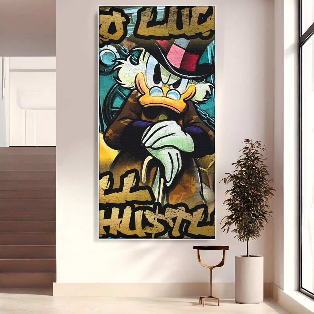 Tablou canvas cu tablou canvas cu scrooge mcduck, in rama de aluminiu argintiu